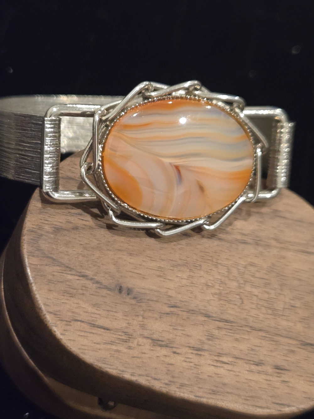 Vintage Silver Tone Mid Century Agate Cuff Bracelet Sz 7